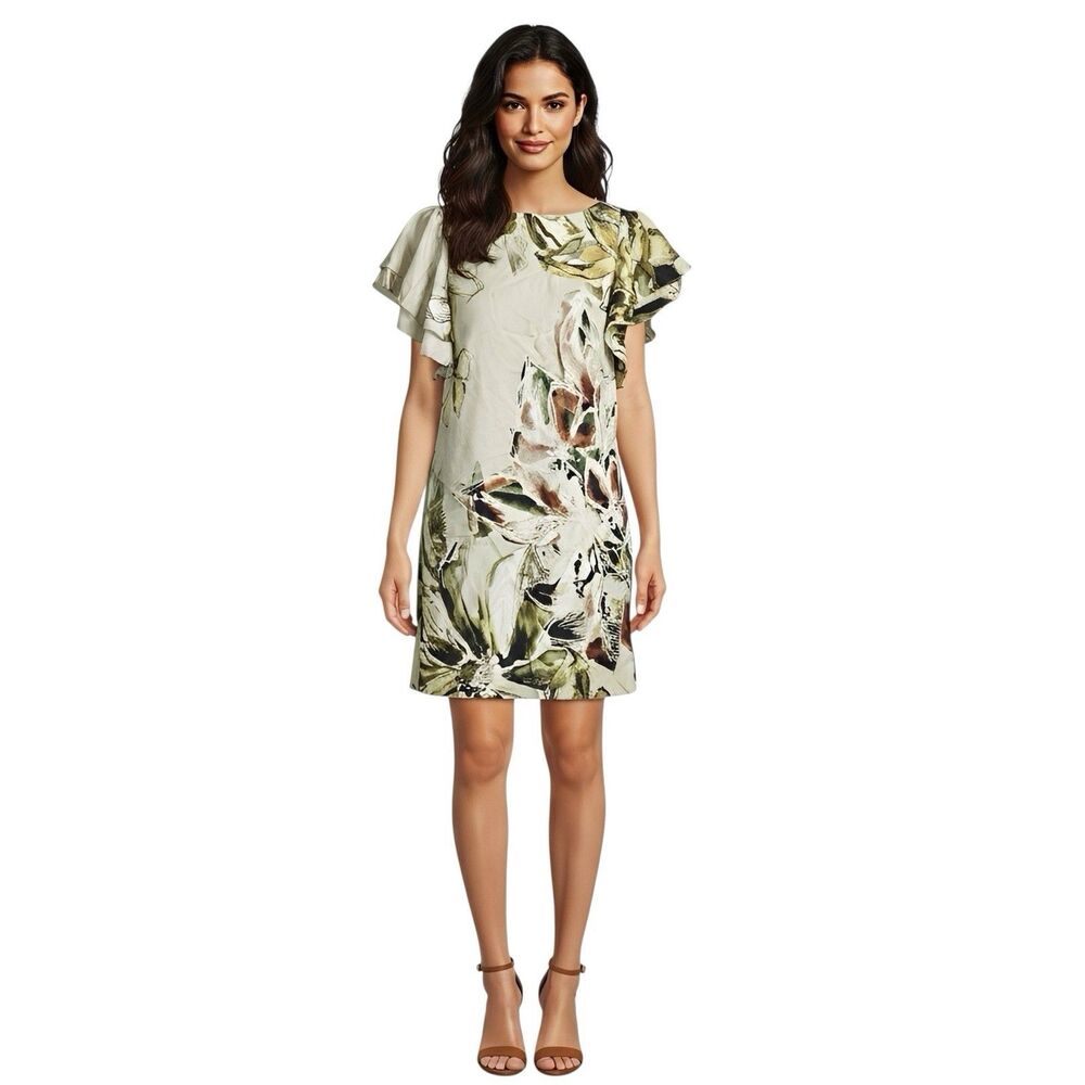 Ali Ro Womens Dress Sz 6 Green Floral Short Sleeve Garden Party Botanical Boho